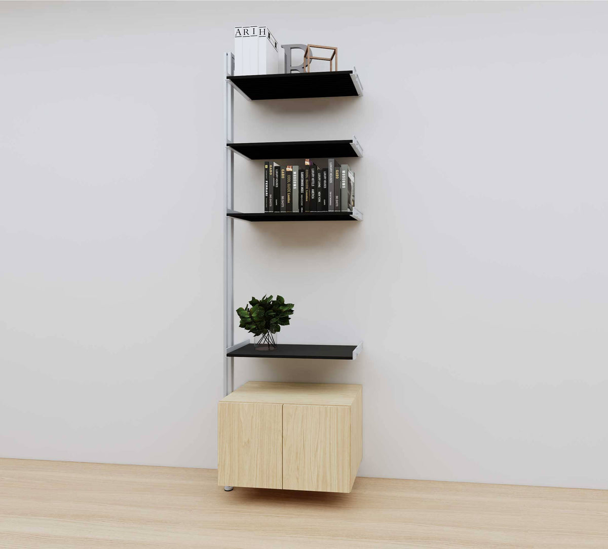 Modular media shelving extension with black shelves and satin vertical post, with Casting Light wood cabinet storage, one bay, 24-inch shelf width, shown with open shelf levels.