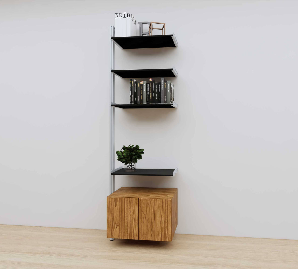 Modular media shelving extension with black shelves and satin vertical post, with Tea for Two wood cabinet storage, one bay, 24-inch shelf width, shown with open shelf levels.