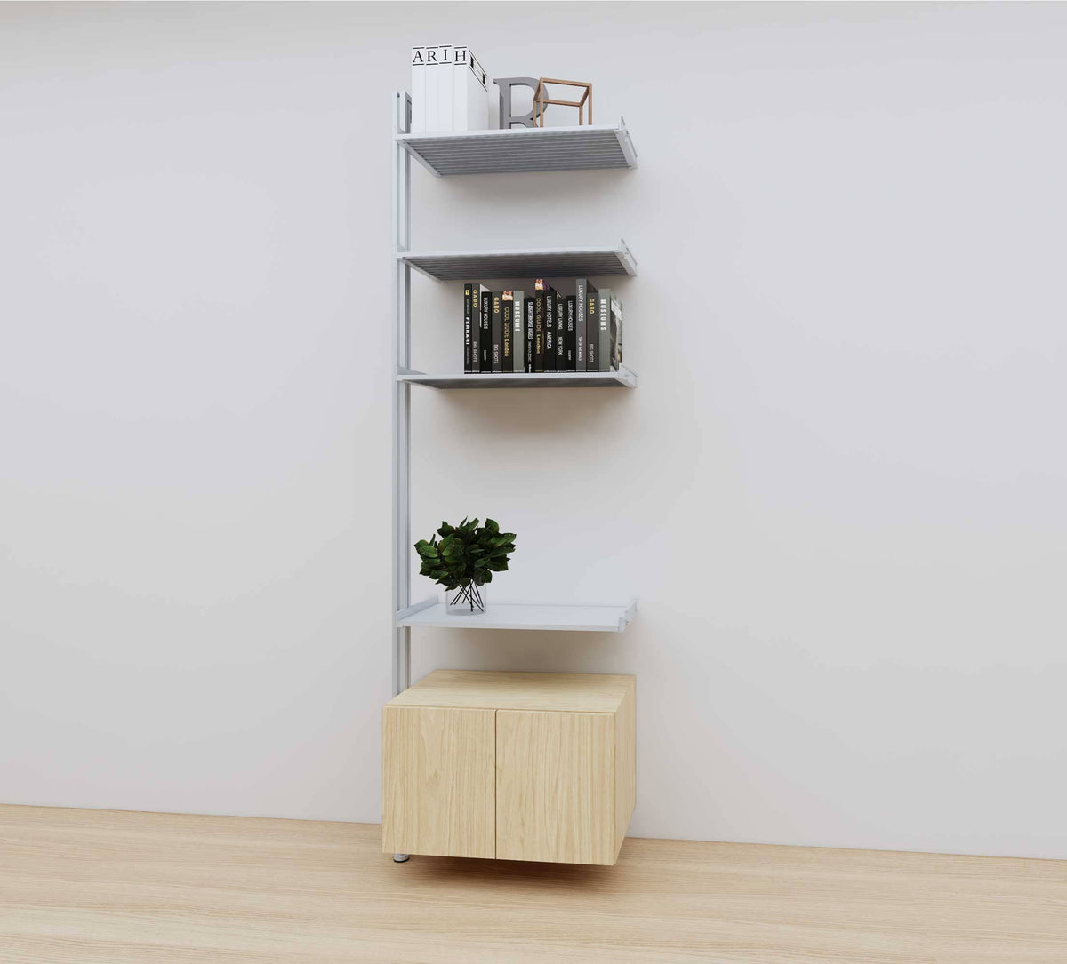 Modular media shelving extension with satin shelves and satin vertical post, with Casting Light wood cabinet storage, one bay, 24-inch shelf width, shown with open shelf levels.