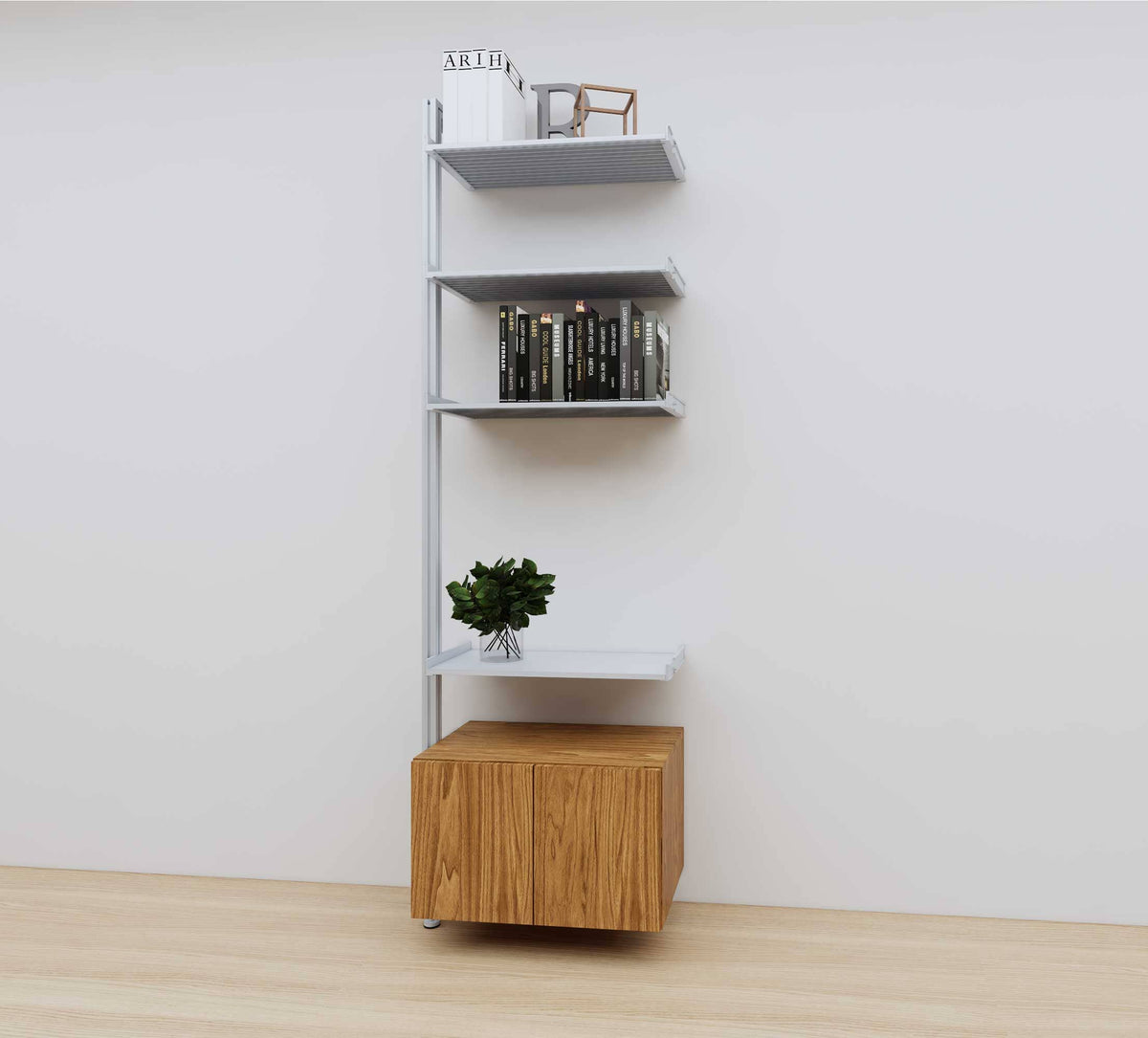 Modular media shelving extension with satin shelves and satin vertical post, with Tea for Two wood cabinet storage, one bay, 24-inch shelf width, shown with open shelf levels.