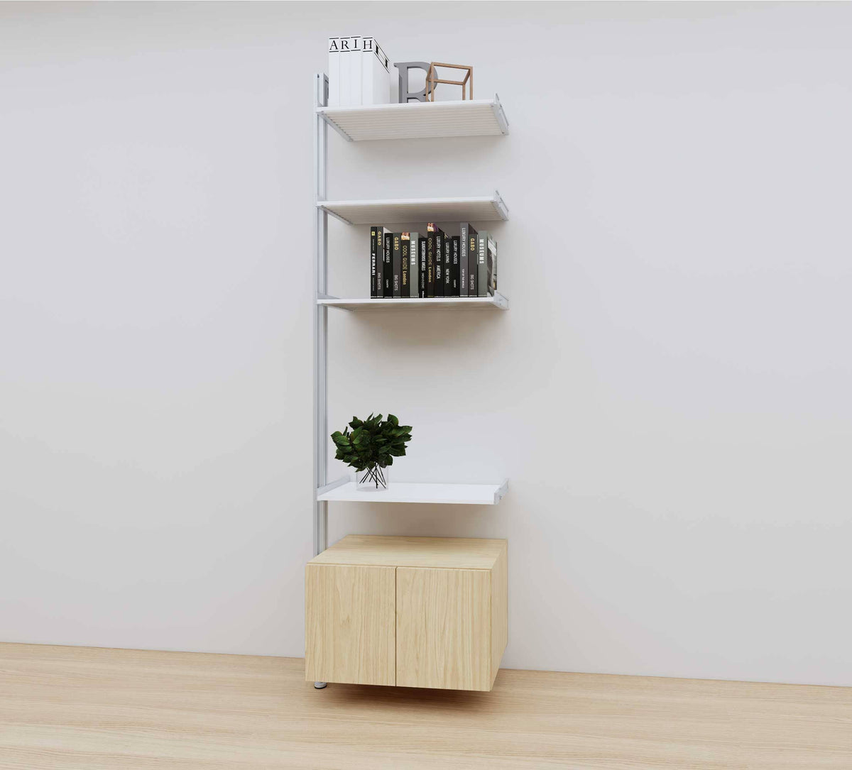 Modular media shelving extension with white shelves and satin vertical post, with Casting Light wood cabinet storage, one bay, 24-inch shelf width, shown with open shelf levels.