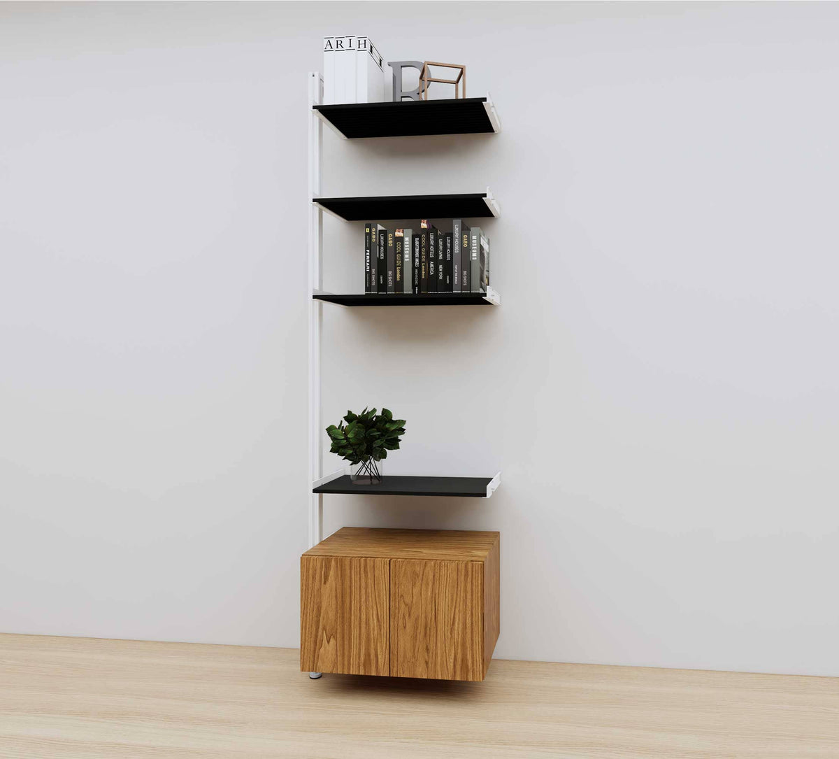 Modular media shelving extension with black shelves and white vertical post, with Tea for Two wood cabinet storage, one bay, 24-inch shelf width, shown with open shelf levels.
