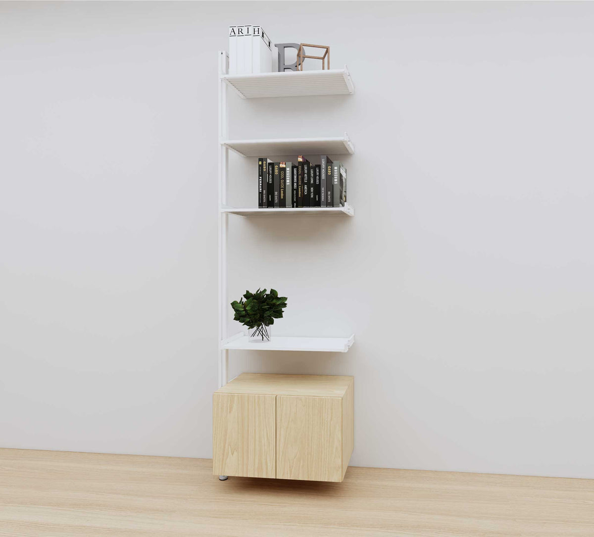 Modular media shelving extension with white shelves and white vertical post, with Casting Light wood cabinet storage, one bay, 24-inch shelf width, shown with open shelf levels.