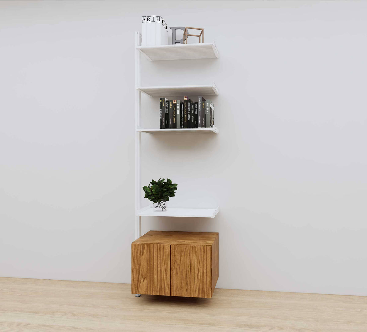 Modular media shelving extension with white shelves and white vertical post, with Tea for Two wood cabinet storage, one bay, 24-inch shelf width, shown with open shelf levels.