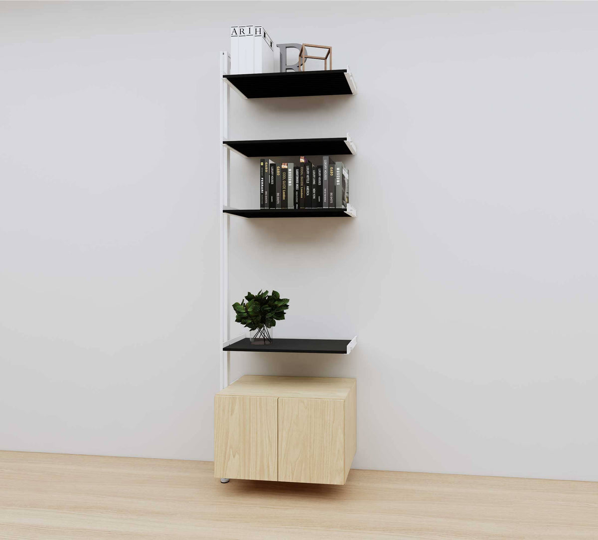 Modular media shelving extension with black shelves and white vertical post, with Casting Light wood cabinet storage, one bay, 24-inch shelf width, shown with open shelf levels.