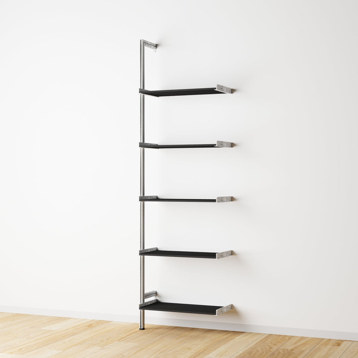 Wood shelf modular shelving extension with black shelves and satin vertical post, one bay, 24-inch shelf width, shown with open shelf levels.