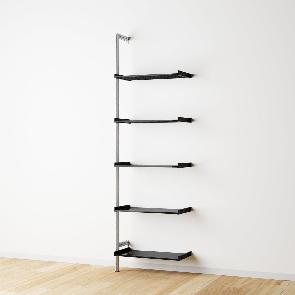 Modular shelving extension with black shelves and satin vertical post, one bay, 24-inch shelf width, shown with open shelf levels.