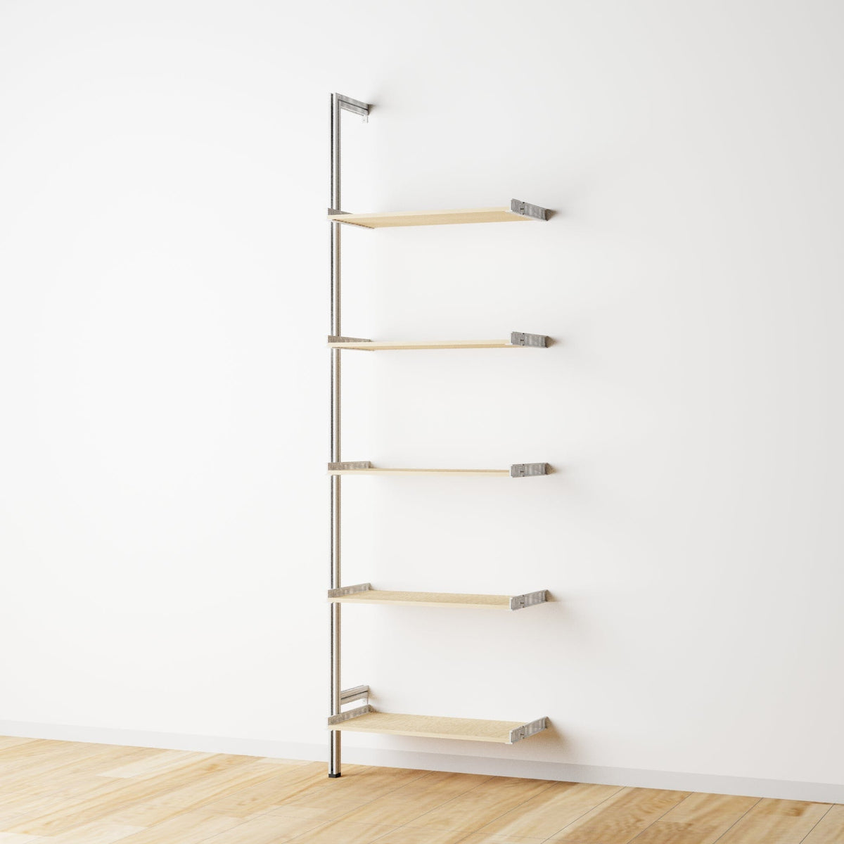 Wood shelf modular shelving extension with Casting Light shelves and satin vertical post, one bay, 24-inch shelf width, shown with open shelf levels.