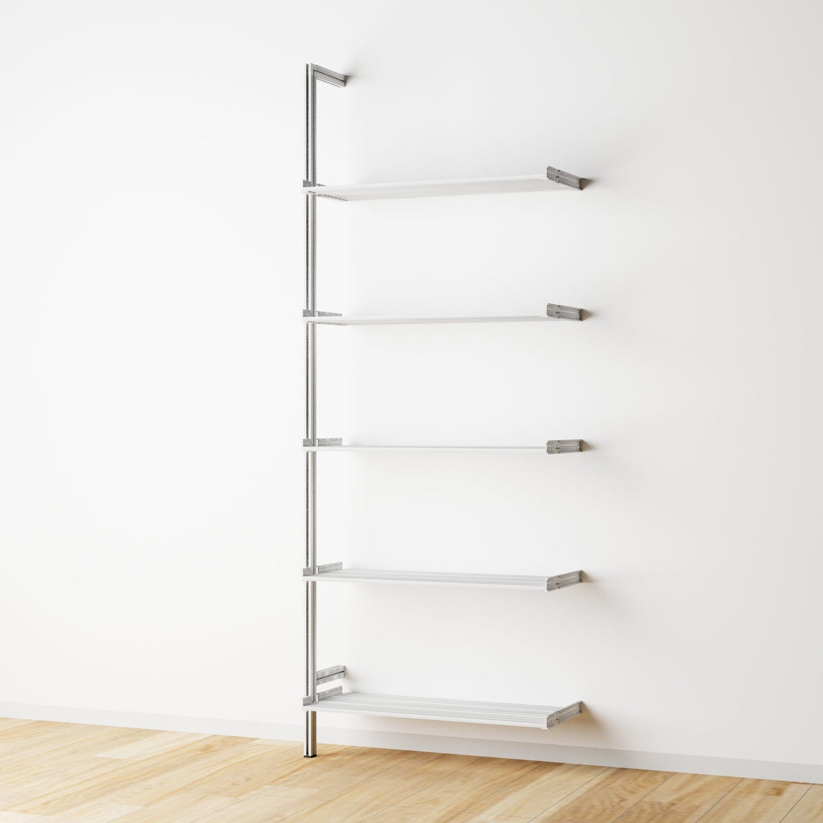 Modular shelving extension with satin shelves and satin vertical post, one bay, 24-inch shelf width, shown with open shelf levels.
