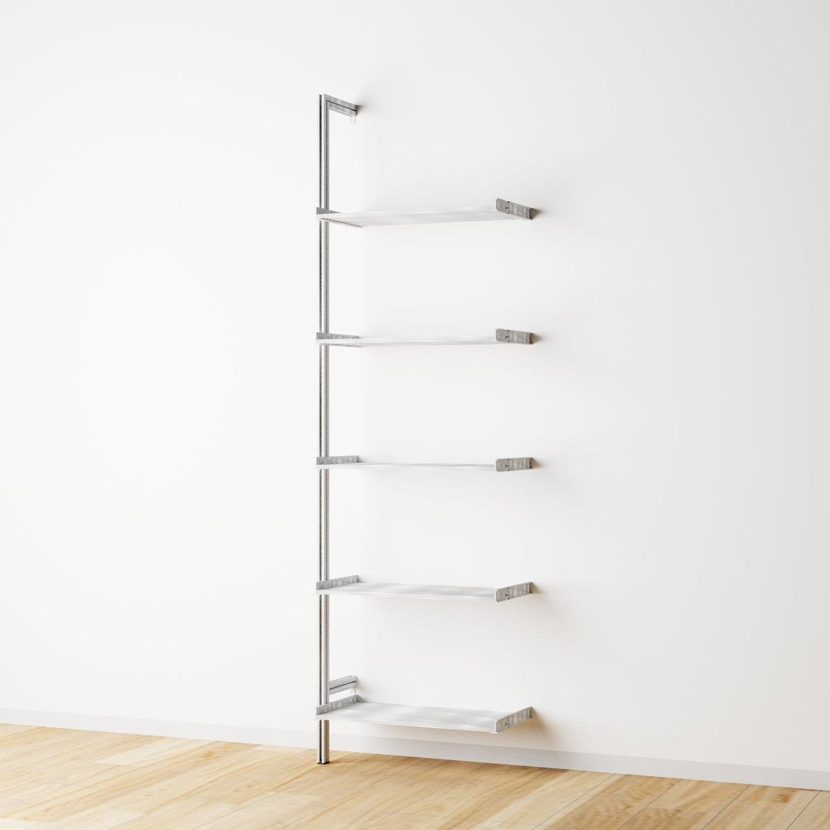 Modular shelving extension with black shelves and satin vertical post, shown with open shelf levels.
