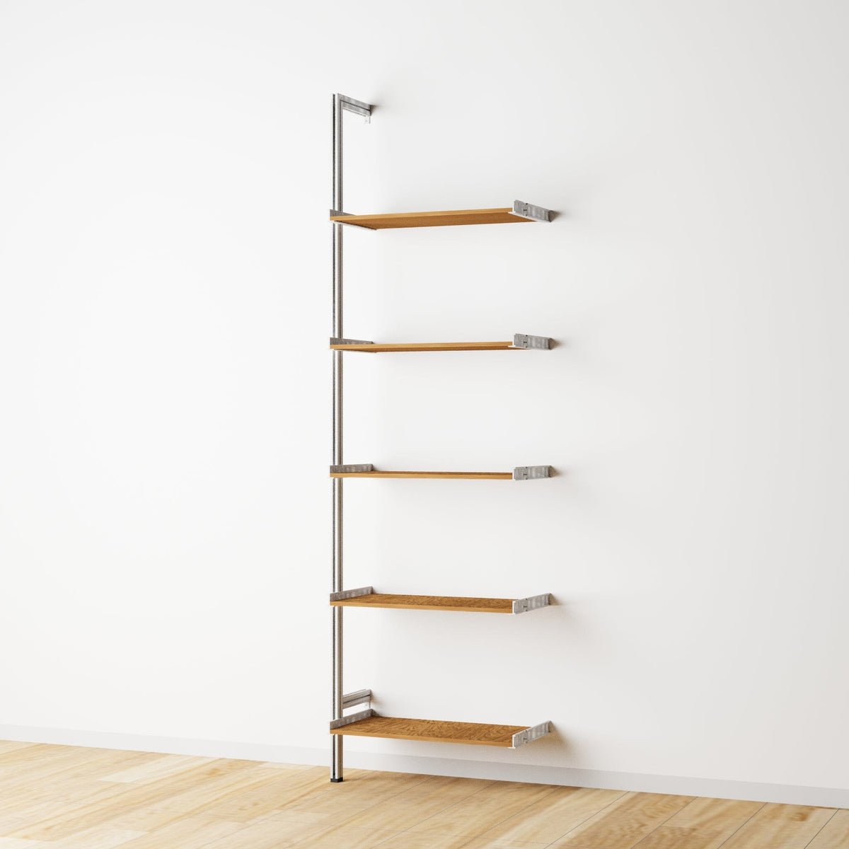 Wood shelf modular shelving extension with Tea for Two shelves and satin vertical post, one bay, 24-inch shelf width, shown with open shelf levels.