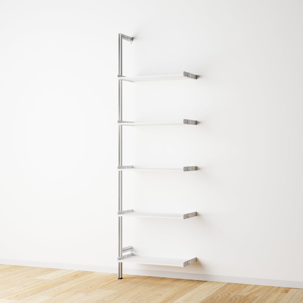 Wood shelf modular shelving extension with white shelves and satin vertical post, one bay, 24-inch shelf width, shown with open shelf levels.