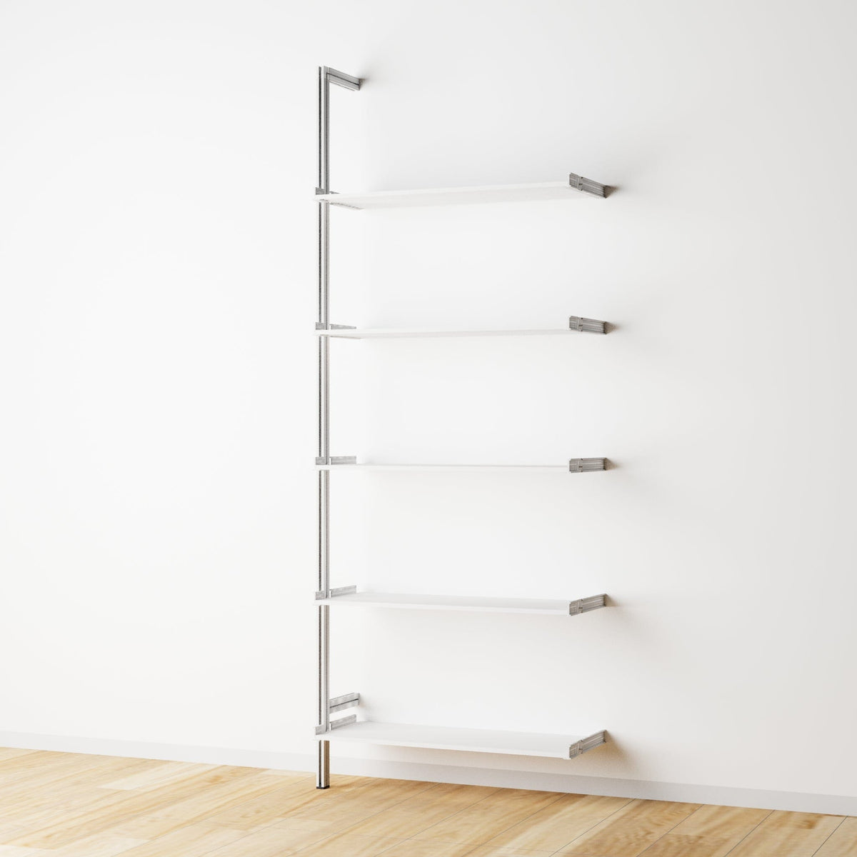 Modular shelving extension with black shelves and satin vertical post, two bays, shown with open shelf levels.