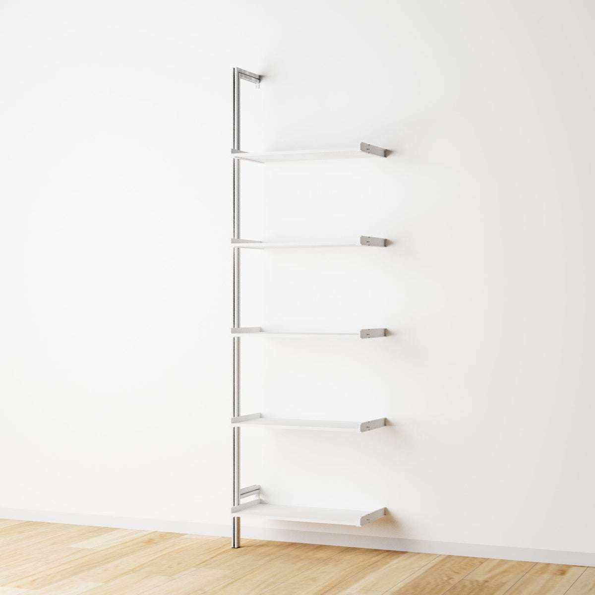 Modular shelving extension with white shelves and satin vertical post, one bay, 24-inch shelf width, shown with open shelf levels.