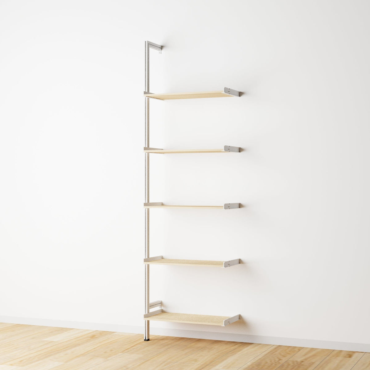 Wood shelf modular shelving extension with Casting Light shelves and white vertical post, one bay, 24-inch shelf width, shown with open shelf levels.