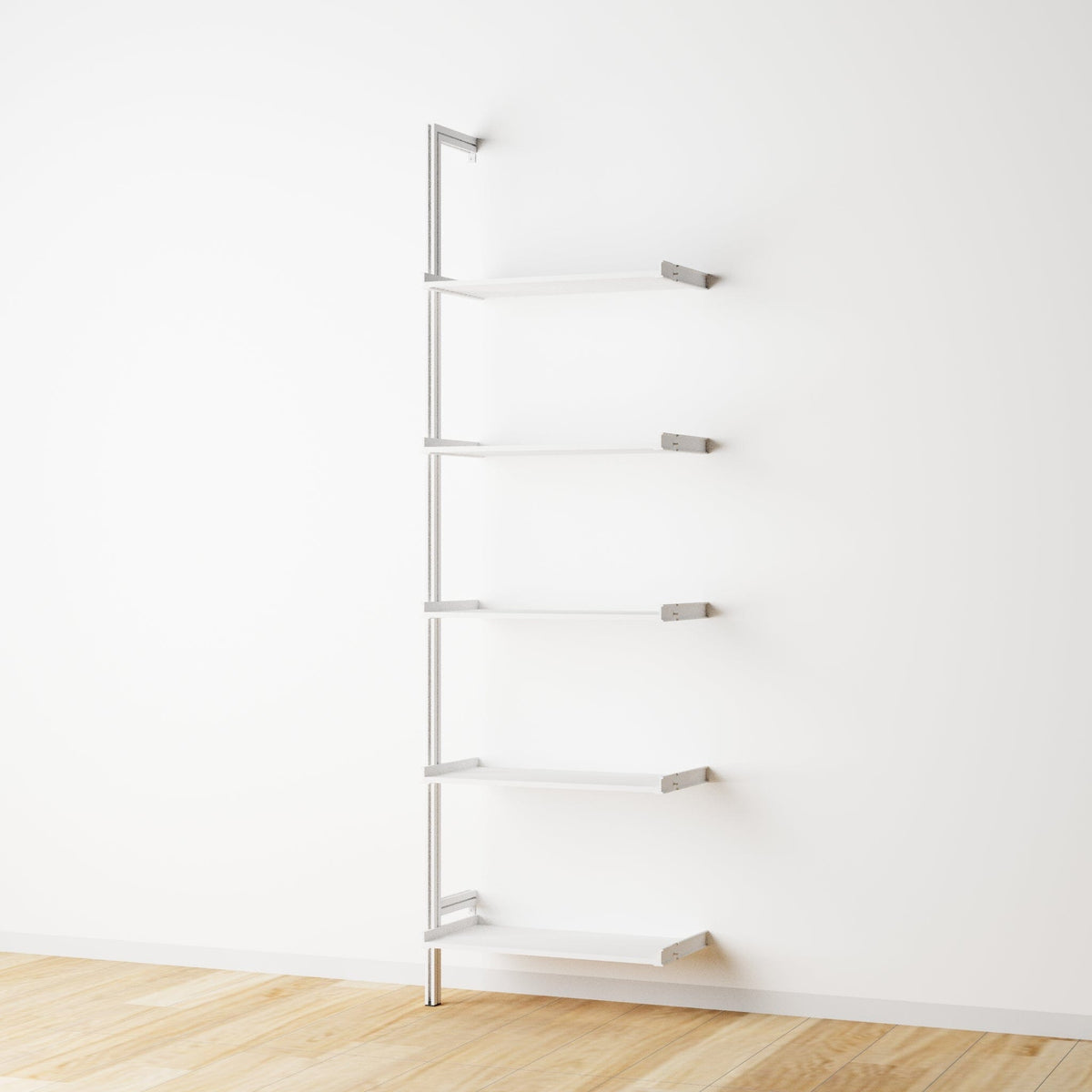 Modular shelving extension with white shelves and white vertical post, one bay, 24-inch shelf width, shown with open shelf levels.