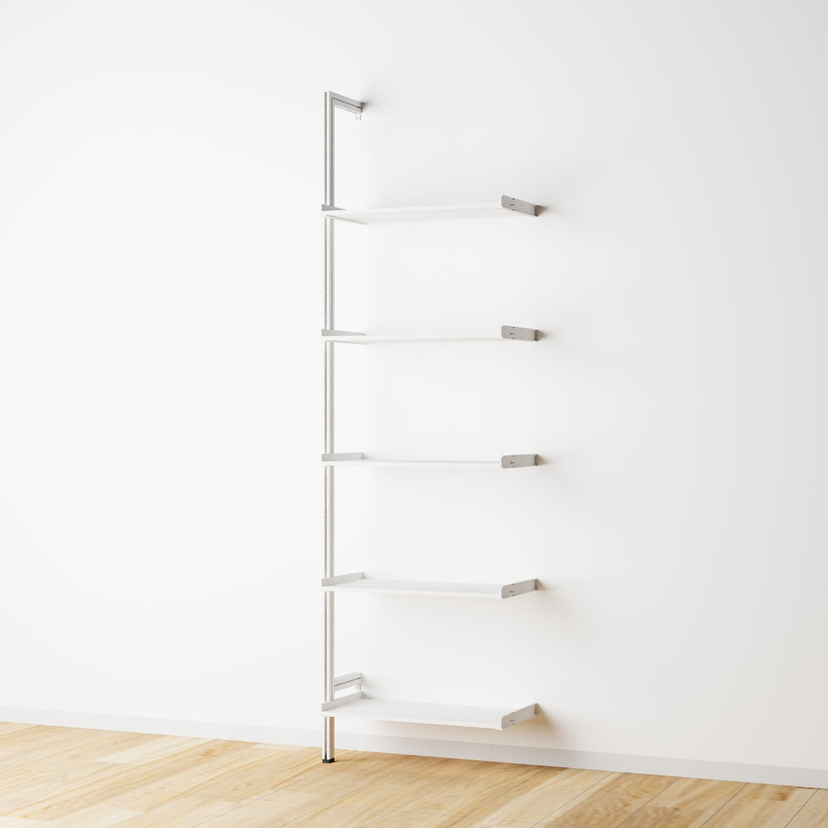 Wood shelf modular shelving extension with white shelves and white vertical post, one bay, 24-inch shelf width, shown with open shelf levels.