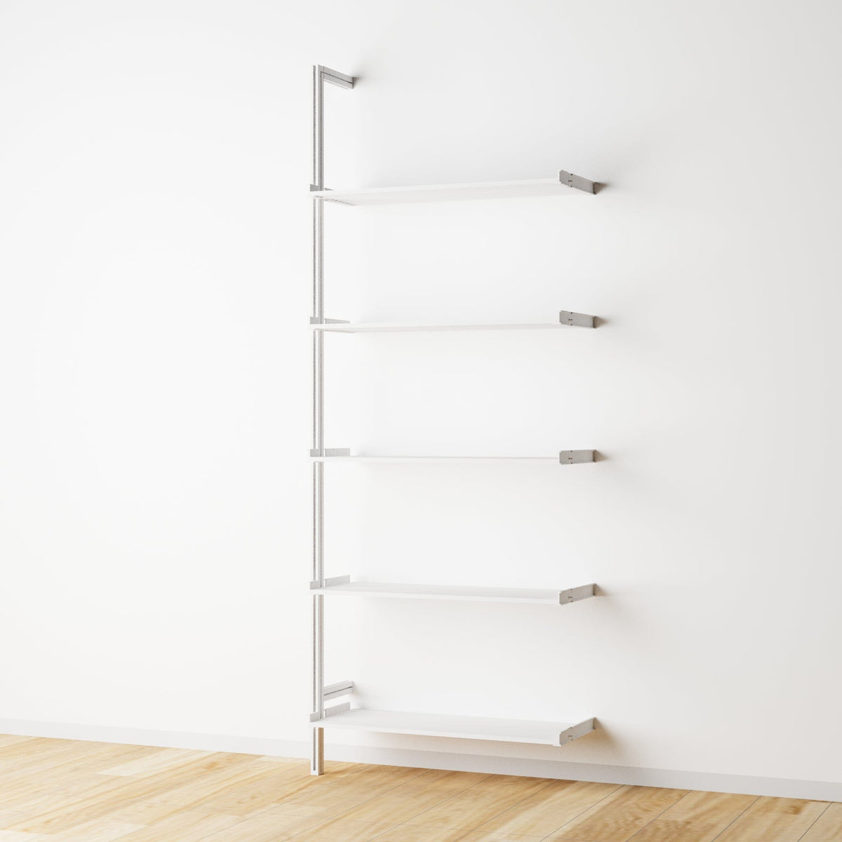 Modular shelving extension with white shelves and white vertical post, two bays, 33-inch shelf width, shown with open shelf levels.