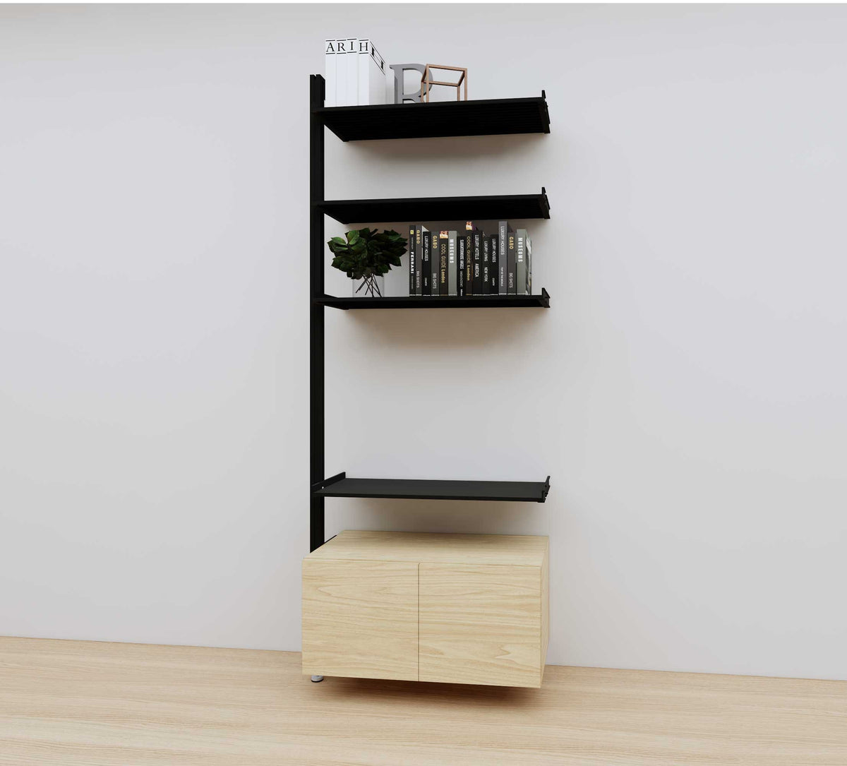 Modular media shelving extension with black shelves and black vertical post, with Casting Light wood cabinet storage, one bay, 31-inch shelf width, shown with open shelf levels.