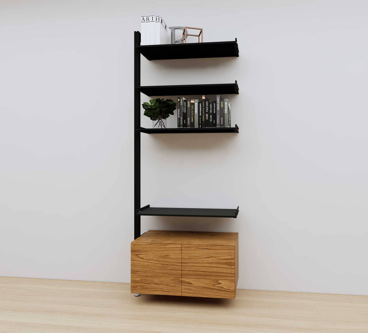 Modular media shelving extension with black shelves and black vertical post, with Tea for Two wood cabinet storage, one bay, 31-inch shelf width, shown with open shelf levels.