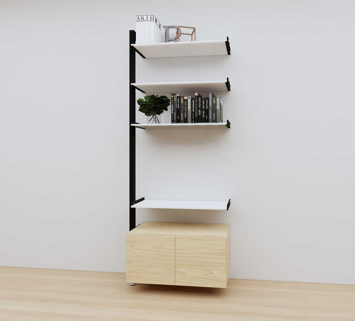 Modular media shelving extension with white shelves and black vertical post, with Casting Light wood cabinet storage, one bay, 31-inch shelf width, shown with open shelf levels.