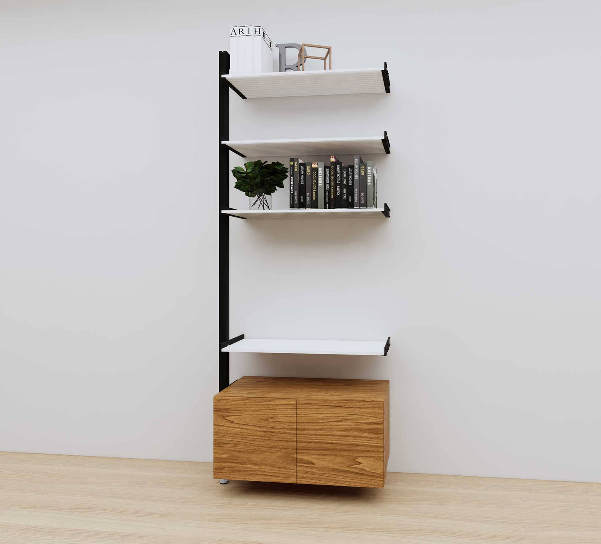 Modular media shelving extension with white shelves and black vertical post, with Tea for Two wood cabinet storage, one bay, 31-inch shelf width, shown with open shelf levels.