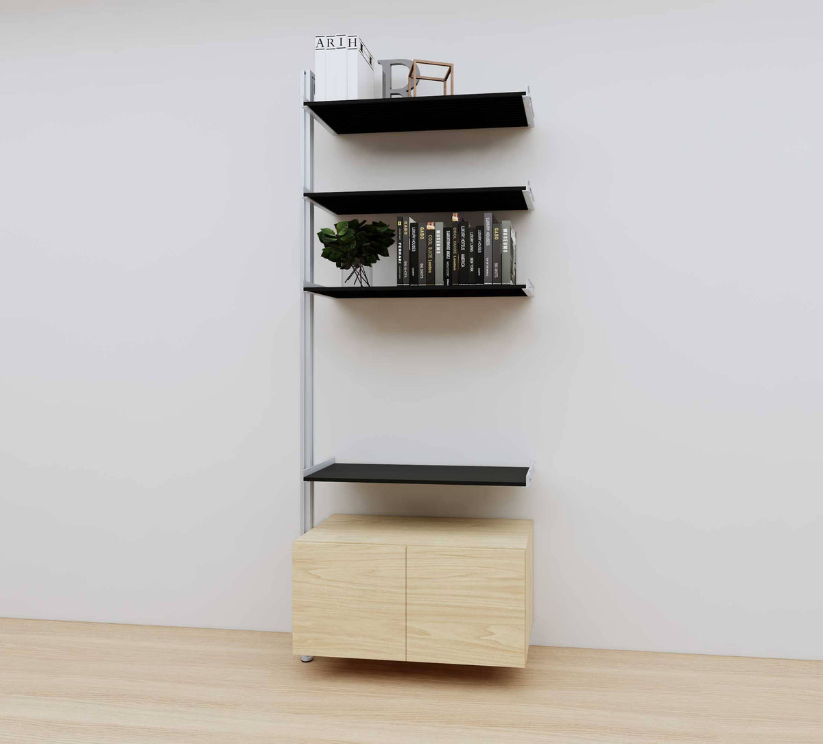 Modular media shelving extension with black shelves and satin vertical post, with Casting Light wood cabinet storage, one bay, 31-inch shelf width, shown with open shelf levels.