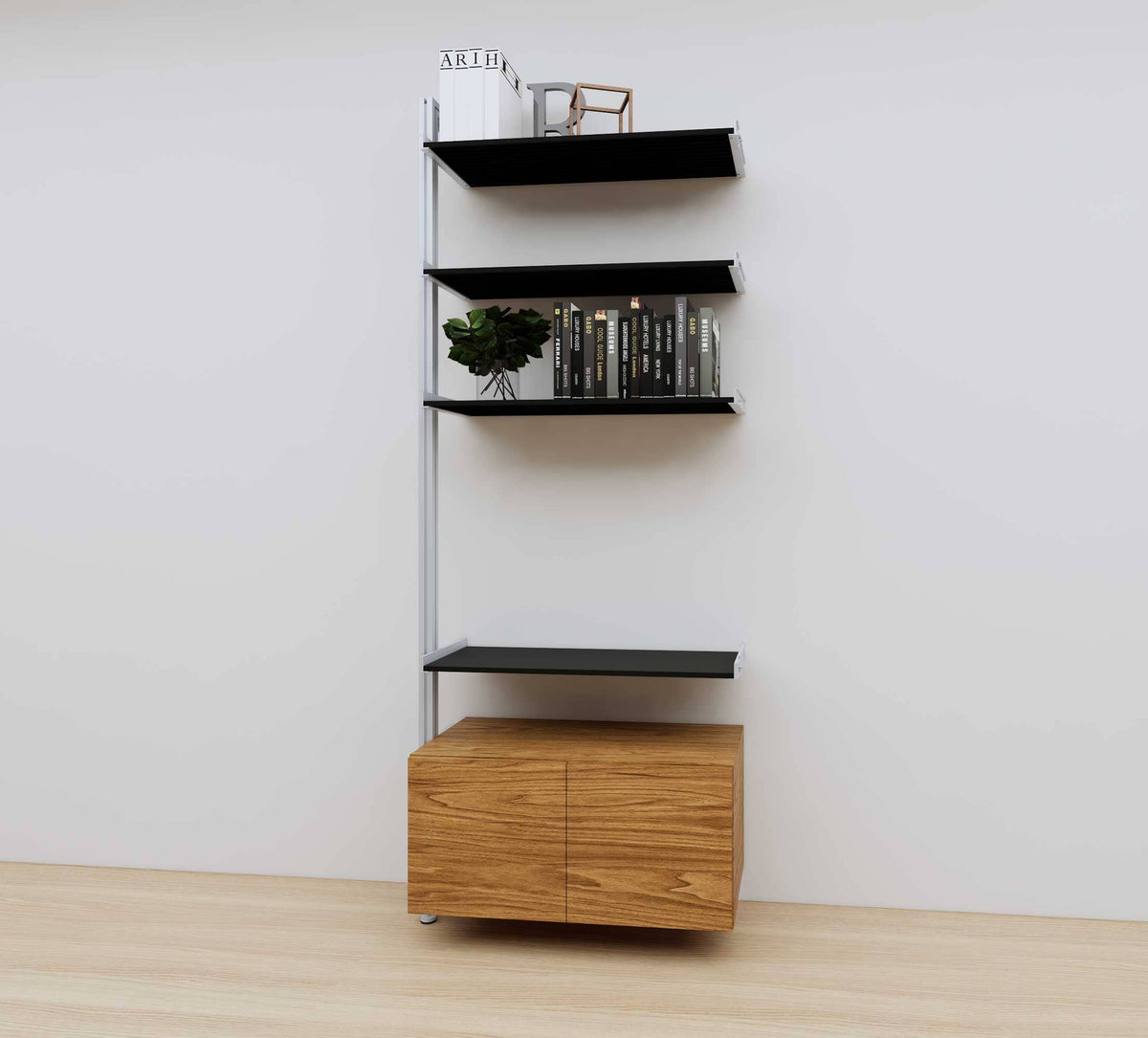 Modular media shelving extension with black shelves and satin vertical post, with Tea for Two wood cabinet storage, one bay, 31-inch shelf width, shown with open shelf levels.