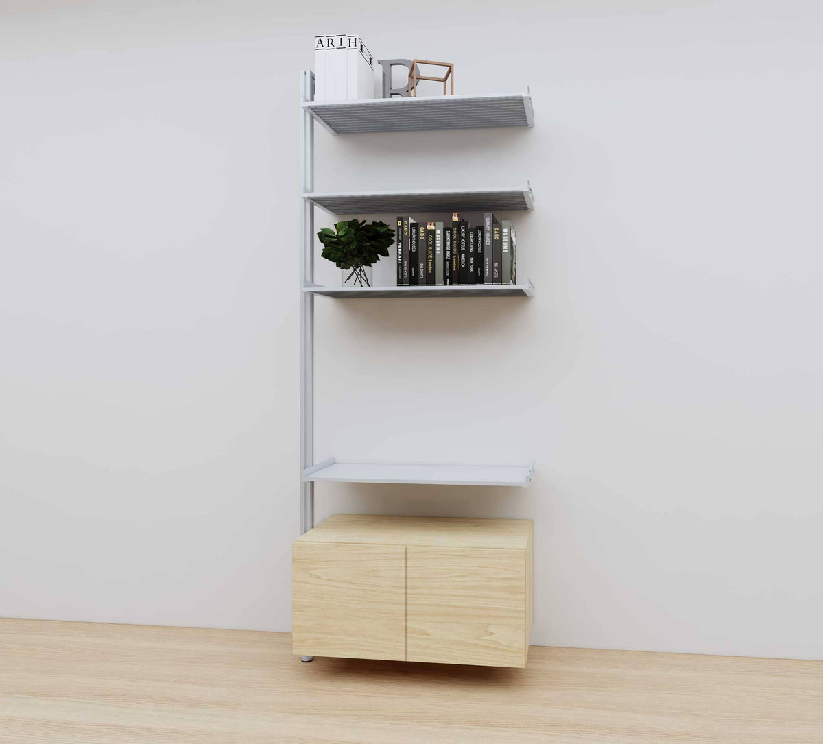 Modular media shelving extension with satin shelves and satin vertical post, with Casting Light wood cabinet storage, one bay, 31-inch shelf width, shown with open shelf levels.