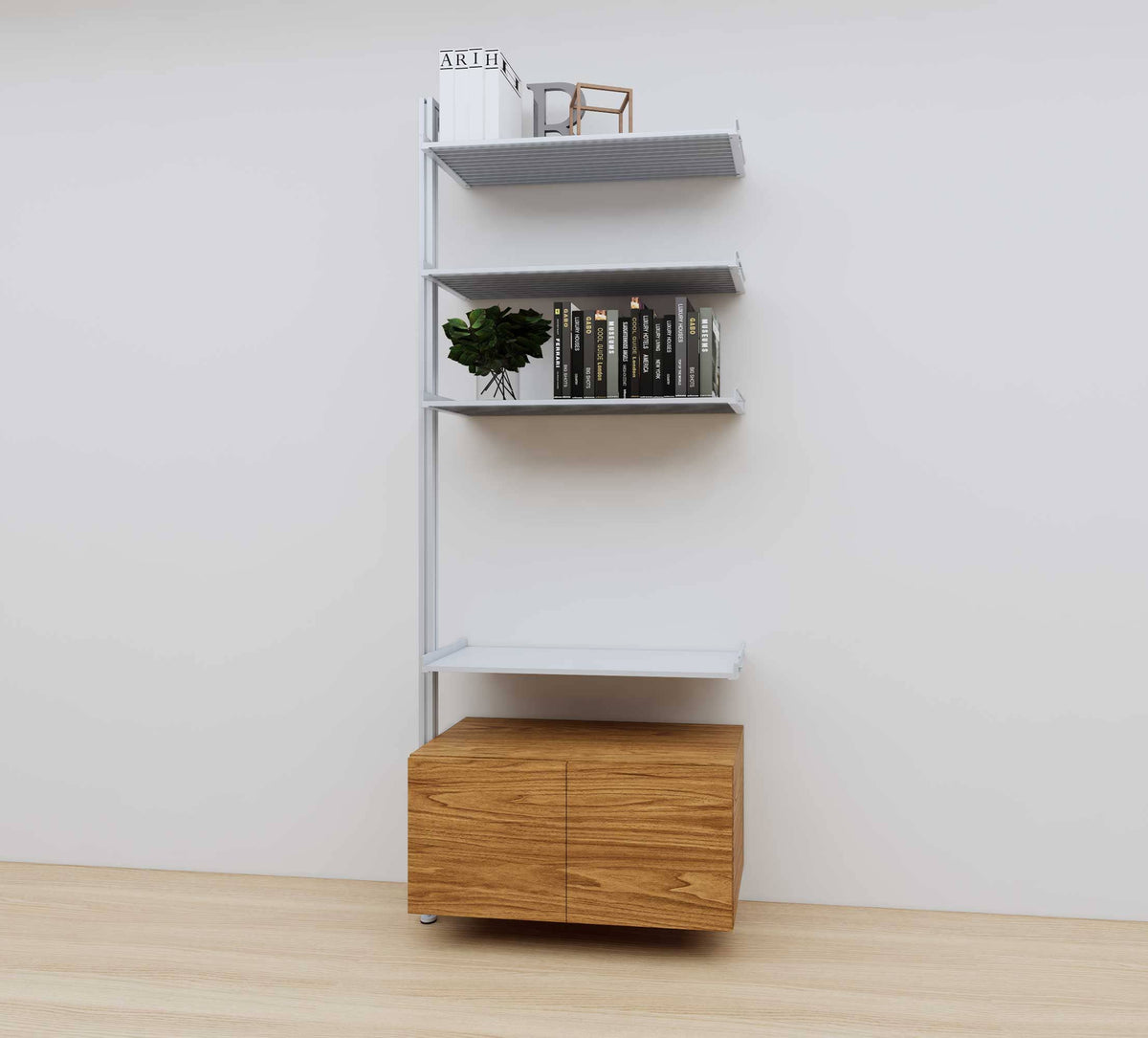 Modular media shelving extension with satin shelves and satin vertical post, with Tea for Two wood cabinet storage, one bay, 31-inch shelf width, shown with open shelf levels.