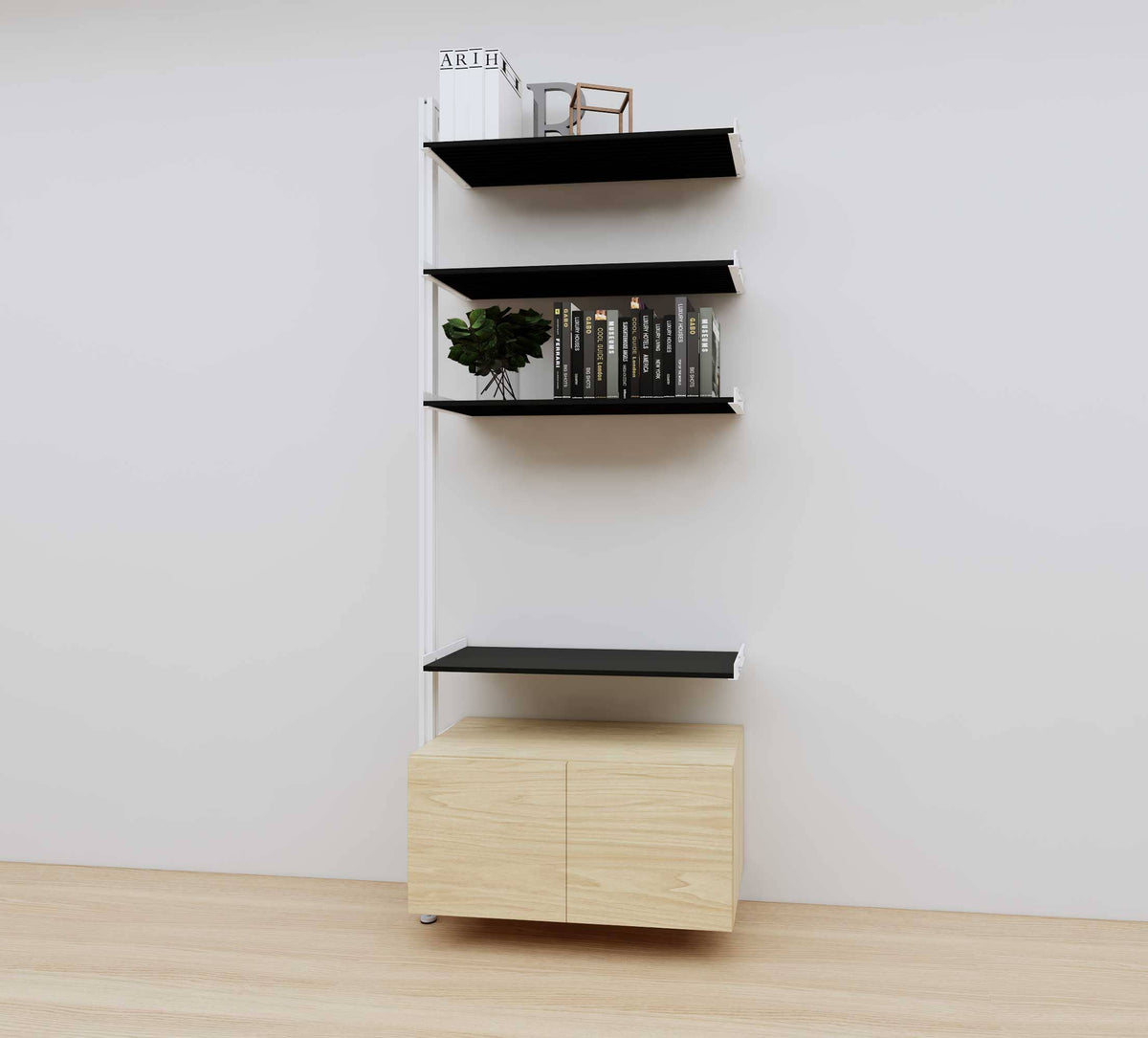 Modular media shelving extension with black shelves and white vertical post, with Casting Light wood cabinet storage, one bay, 31-inch shelf width, shown with open shelf levels.