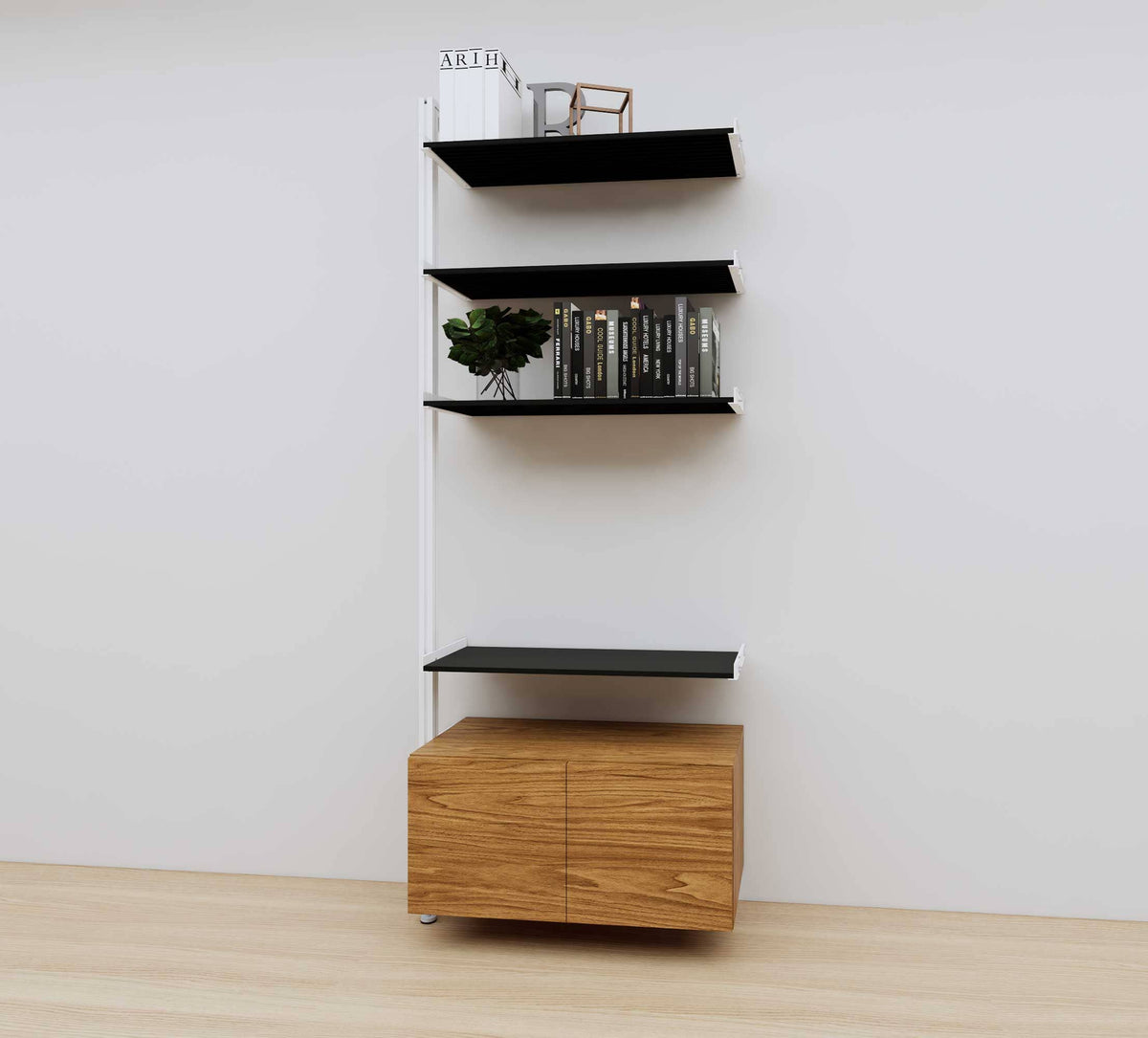 Modular media shelving extension with black shelves and white vertical post, with Tea for Two wood cabinet storage, one bay, 31-inch shelf width, shown with open shelf levels.