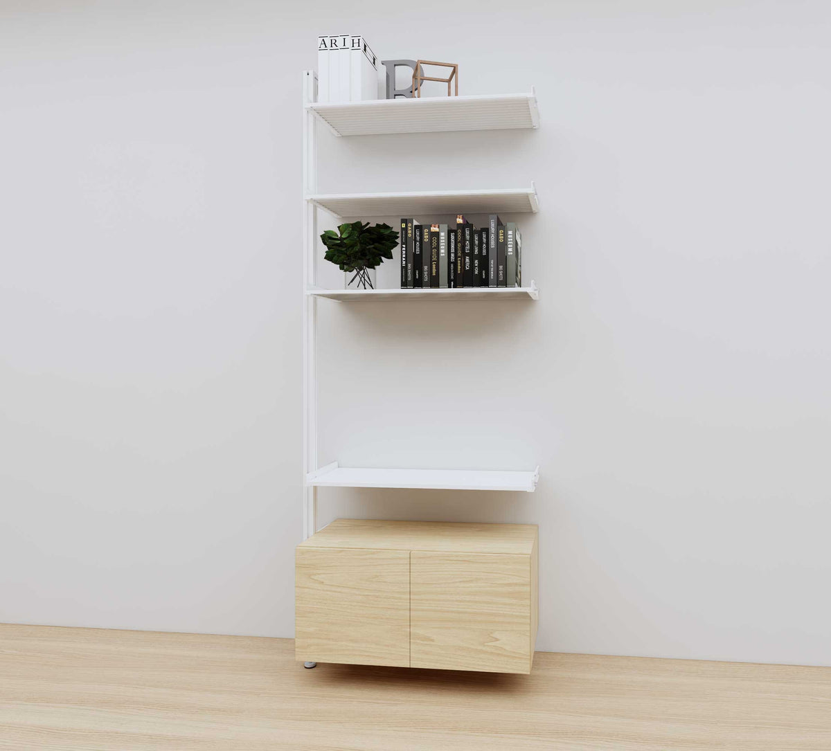 Modular media shelving extension with white shelves and white vertical post, with Casting Light wood cabinet storage, one bay, 31-inch shelf width, shown with open shelf levels.
