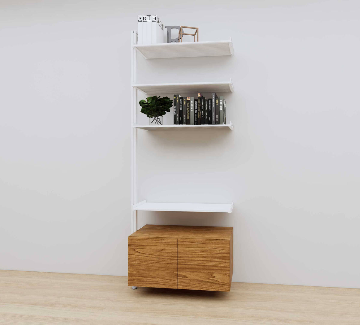 Modular media shelving extension with white shelves and white vertical post, with Tea for Two wood cabinet storage, one bay, 31-inch shelf width, shown with open shelf levels.