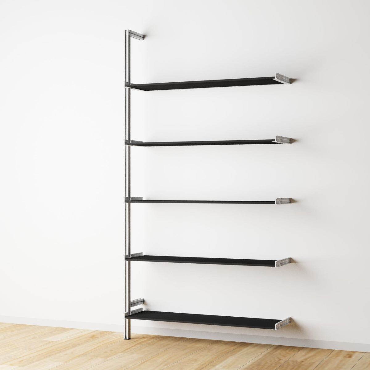 Modular shelving extension with black shelves and satin vertical post, one bay, 31-inch shelf width, shown with open shelf levels.