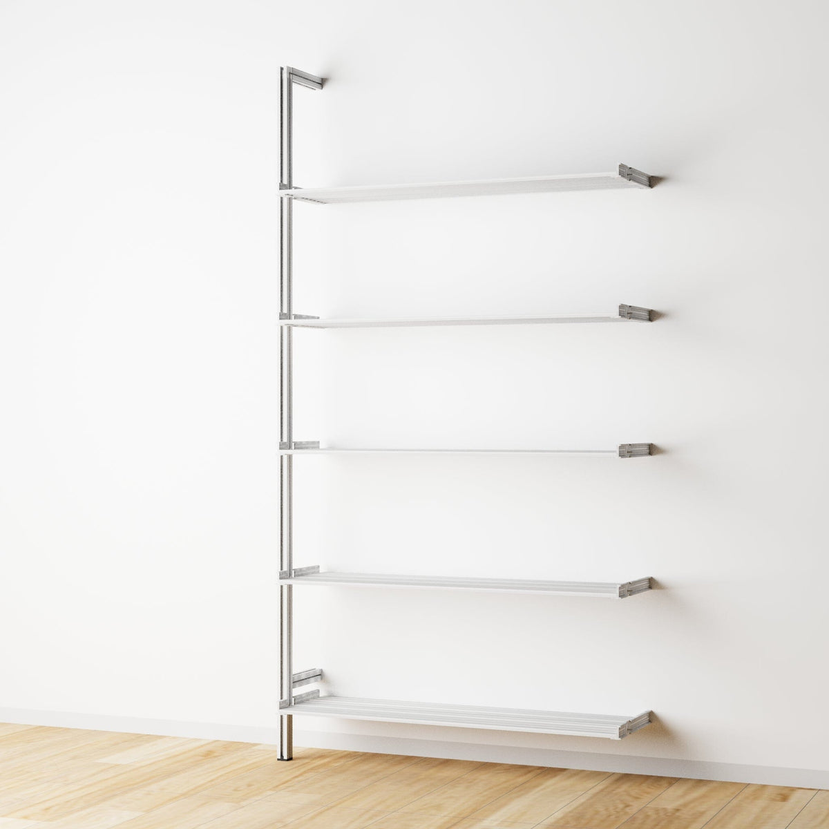 Modular shelving extension with satin shelves and satin vertical post, one bay, 31-inch shelf width, shown with open shelf levels.