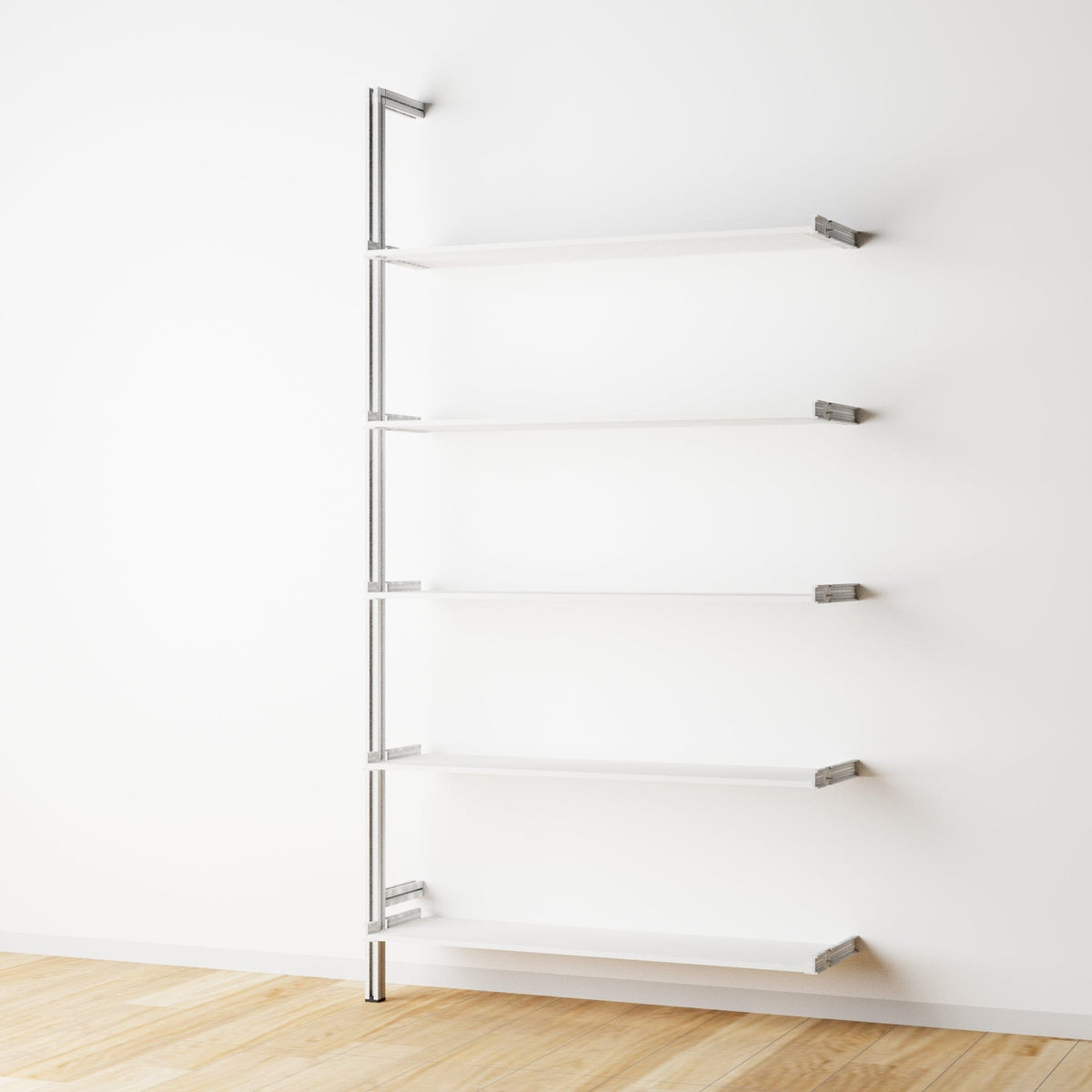 Modular shelving extension with white shelves and satin vertical post, one bay, 31-inch shelf width, shown with open shelf levels.
