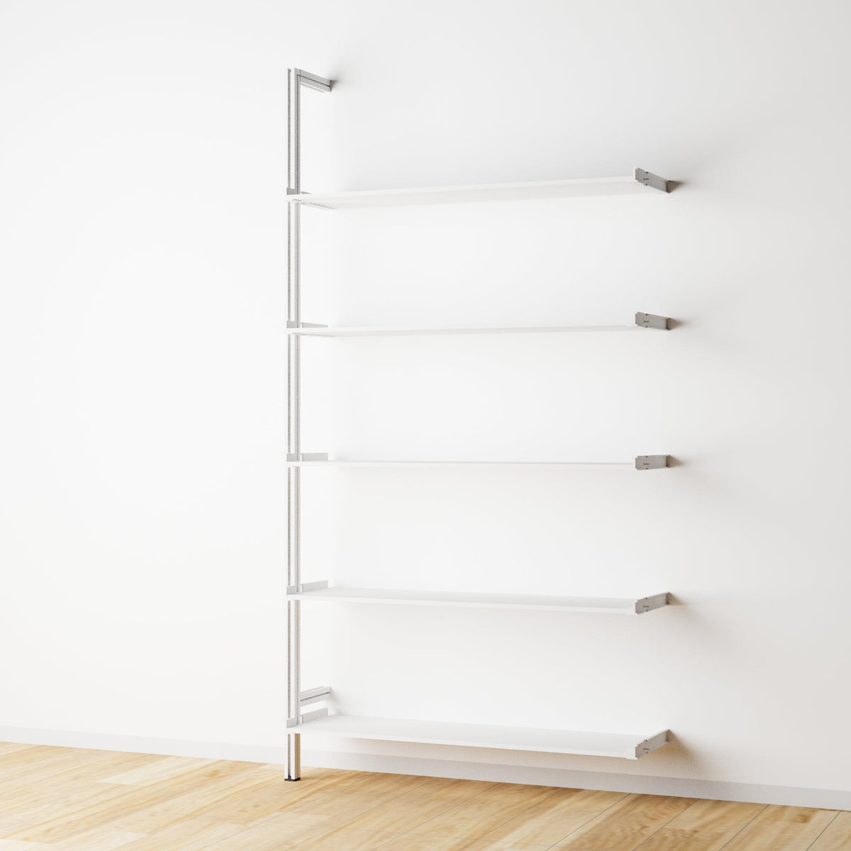Modular shelving extension with white shelves and white vertical post, one bay, 31-inch shelf width, shown with open shelf levels.