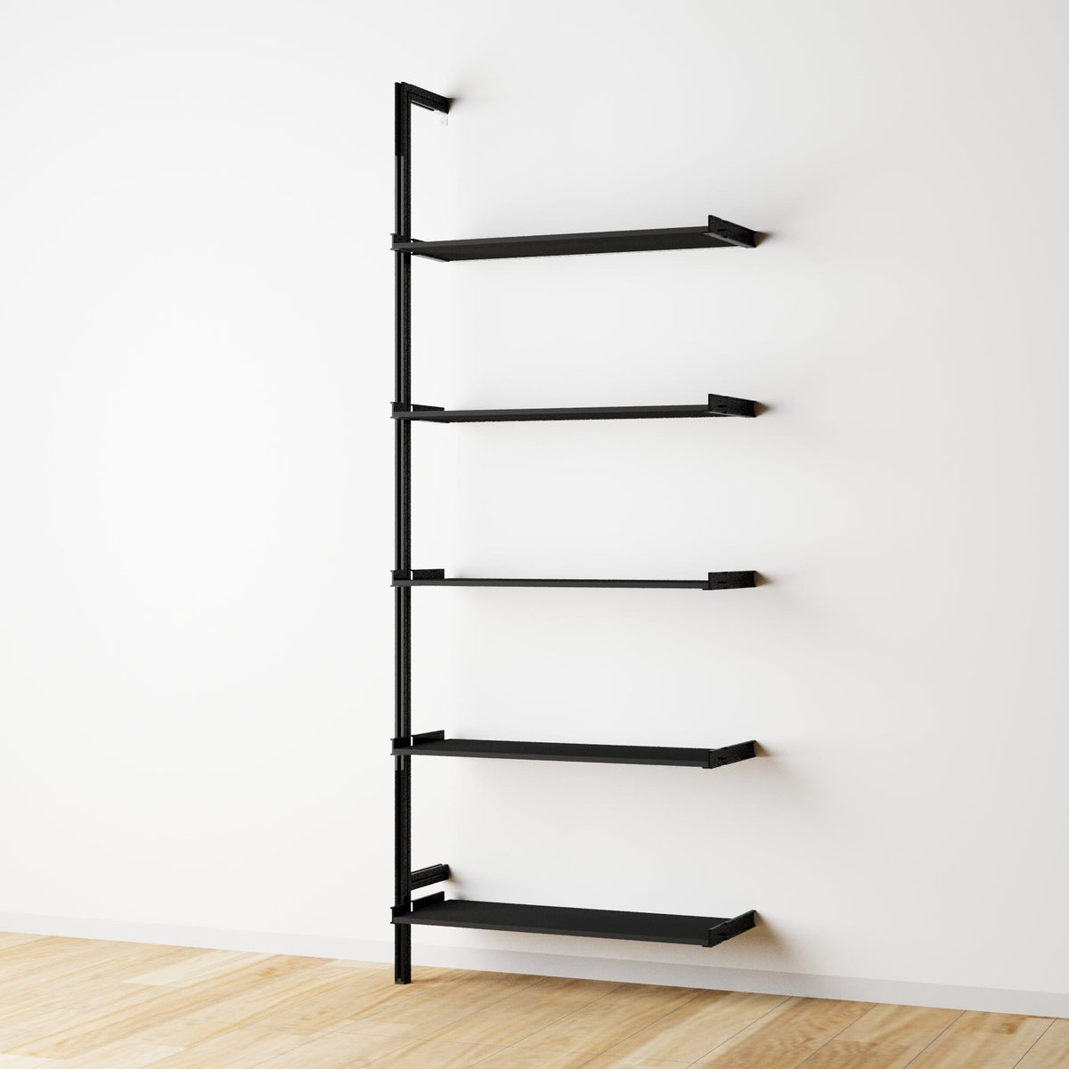 Wood shelf modular shelving extension with black shelves and black vertical post, one bay, 33-inch shelf width, shown with open shelf levels.