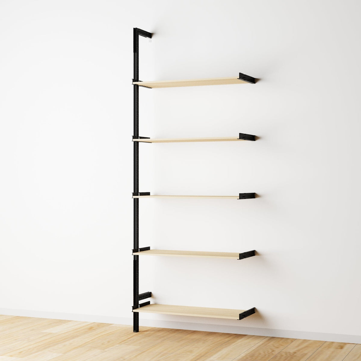 Wood shelf modular shelving extension with Casting Light shelves and black vertical post, one bay, 33-inch shelf width, shown with open shelf levels.