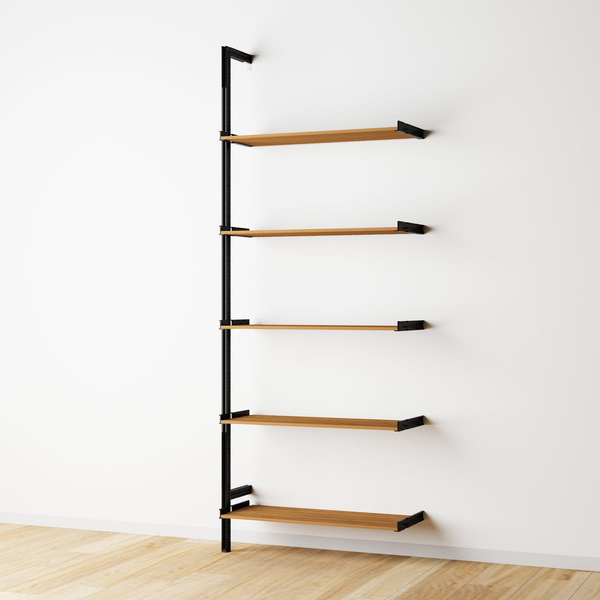 Wood shelf modular shelving extension with Tea for Two shelves and black vertical post, one bay, 33-inch shelf width, shown with open shelf levels.