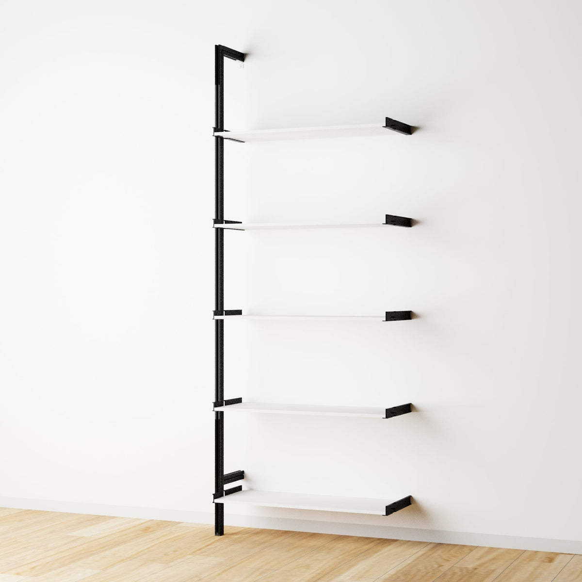 Wood shelf modular shelving extension with white shelves and black vertical post, one bay, 33-inch shelf width, shown with open shelf levels.