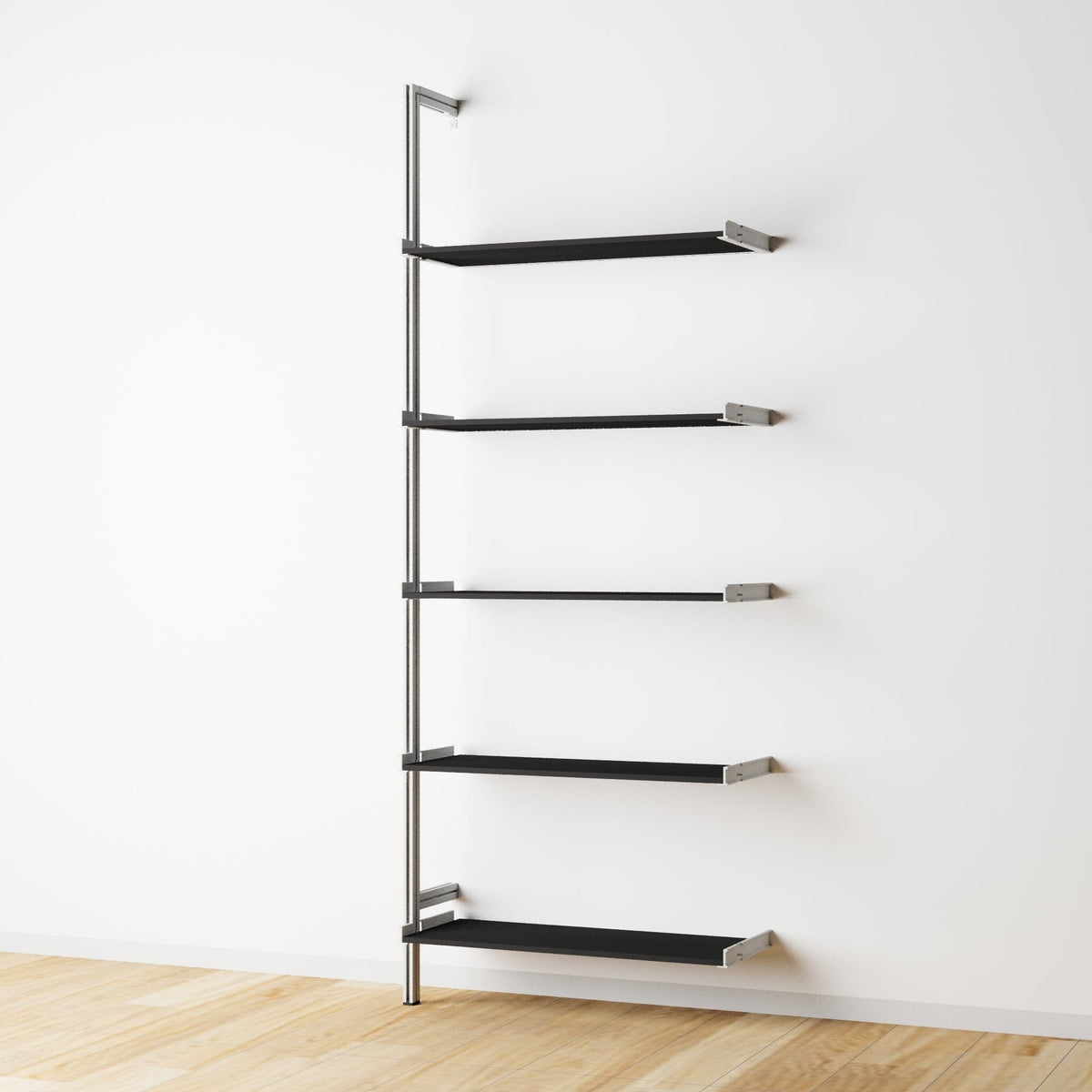 Wood shelf modular shelving extension with black shelves and satin vertical post, one bay, 33-inch shelf width, shown with open shelf levels.