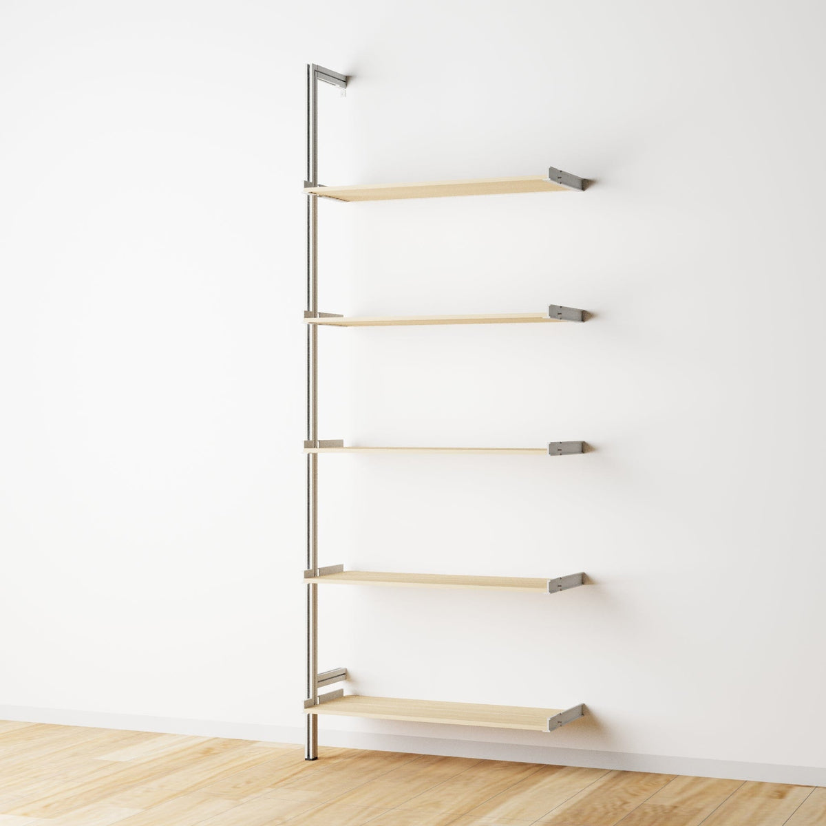 Wood shelf modular shelving extension with Casting Light shelves and satin vertical post, one bay, 33-inch shelf width, shown with open shelf levels.