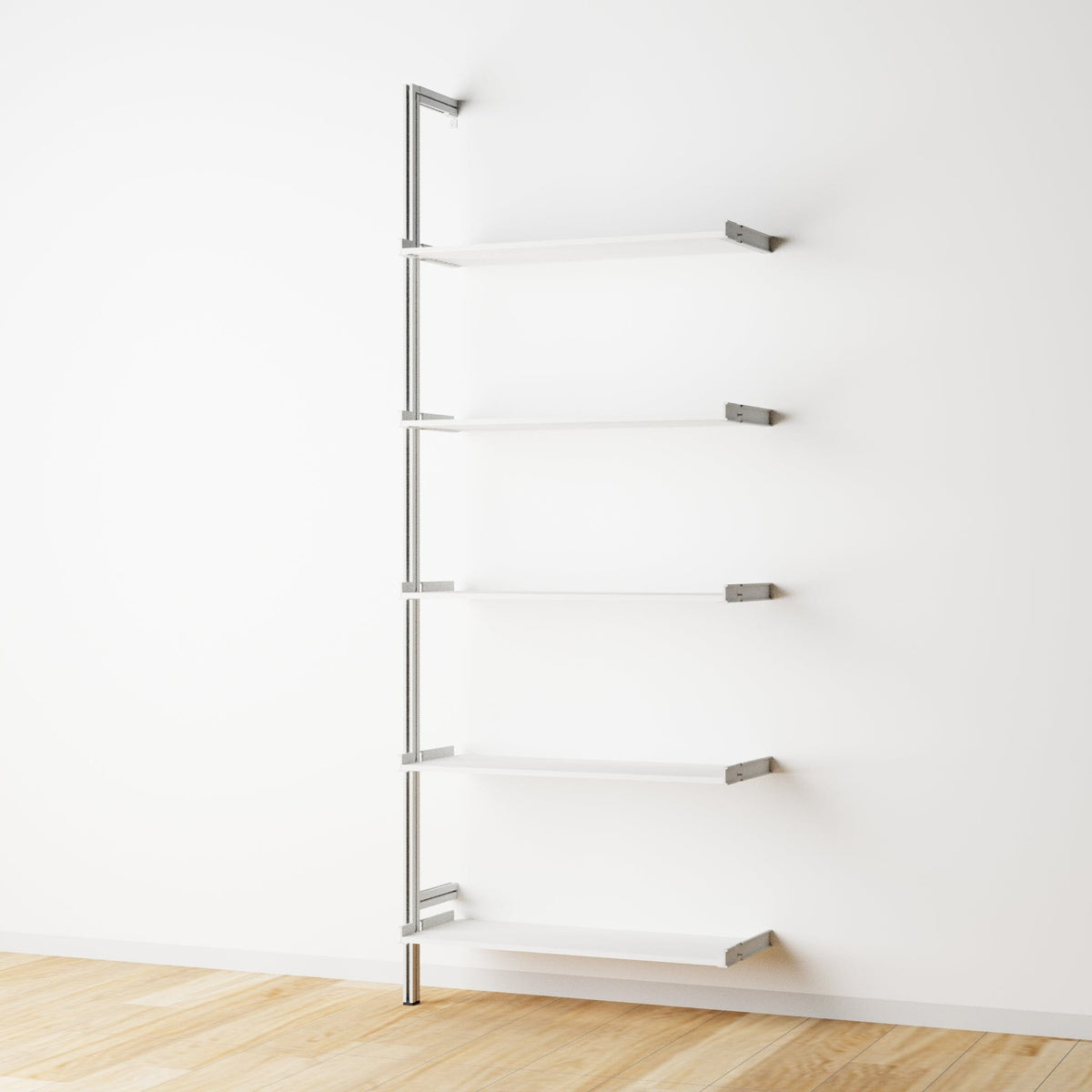 Wood shelf modular shelving extension with white shelves and satin vertical post, one bay, 33-inch shelf width, shown with open shelf levels.