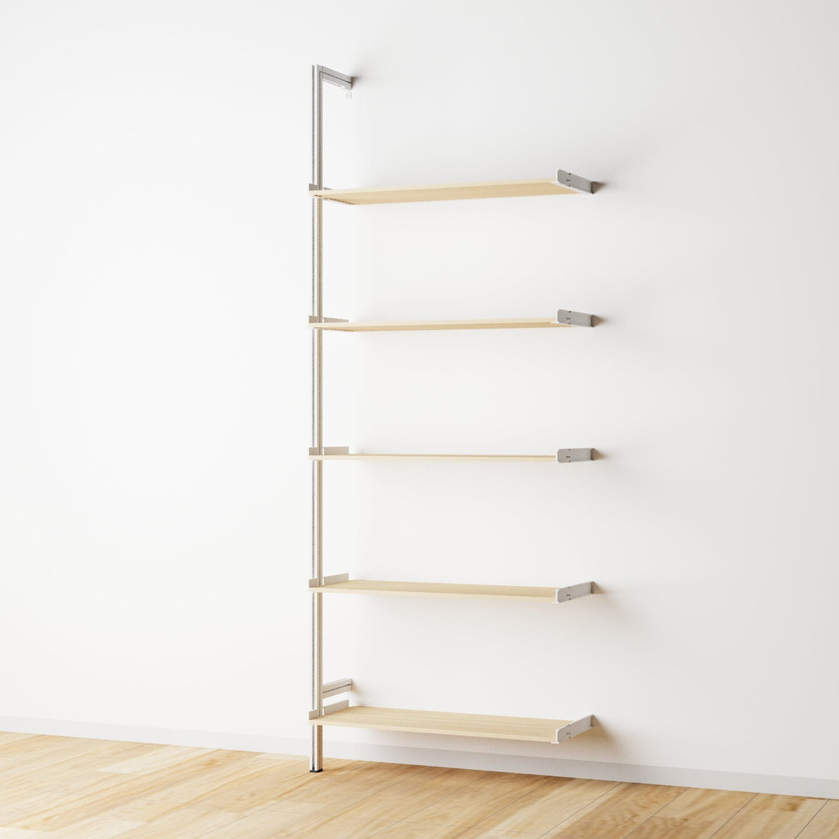 Wood shelf modular shelving extension with Casting Light shelves and white vertical post, one bay, 33-inch shelf width, shown with open shelf levels.