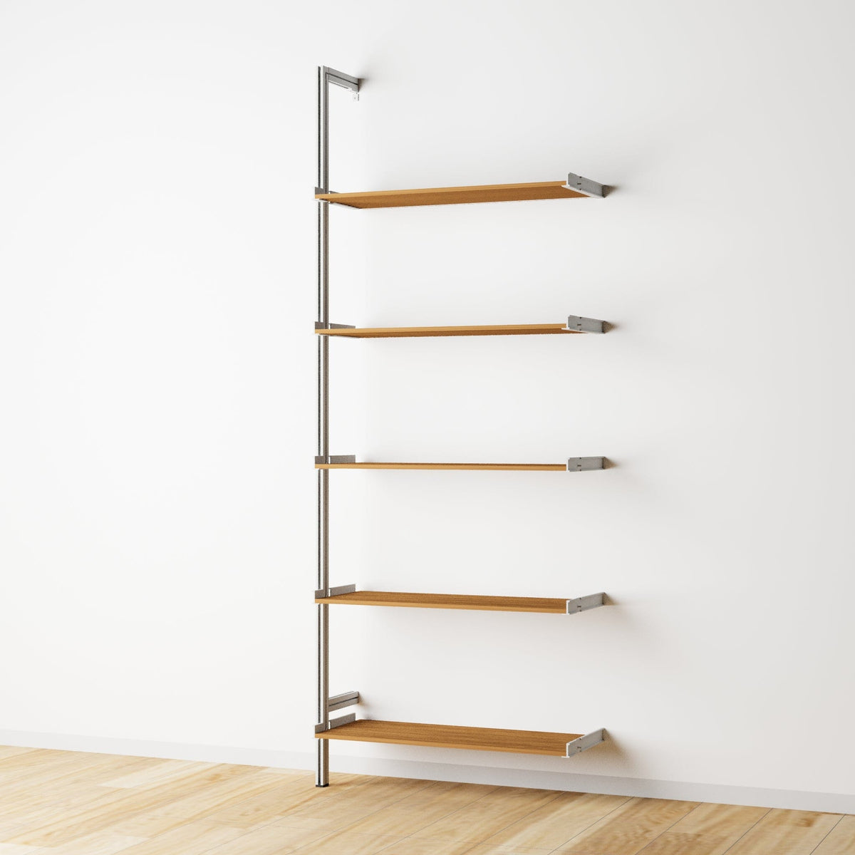 Wood shelf modular shelving extension with Tea for Two shelves and white vertical post, one bay, 33-inch shelf width, shown with open shelf levels.