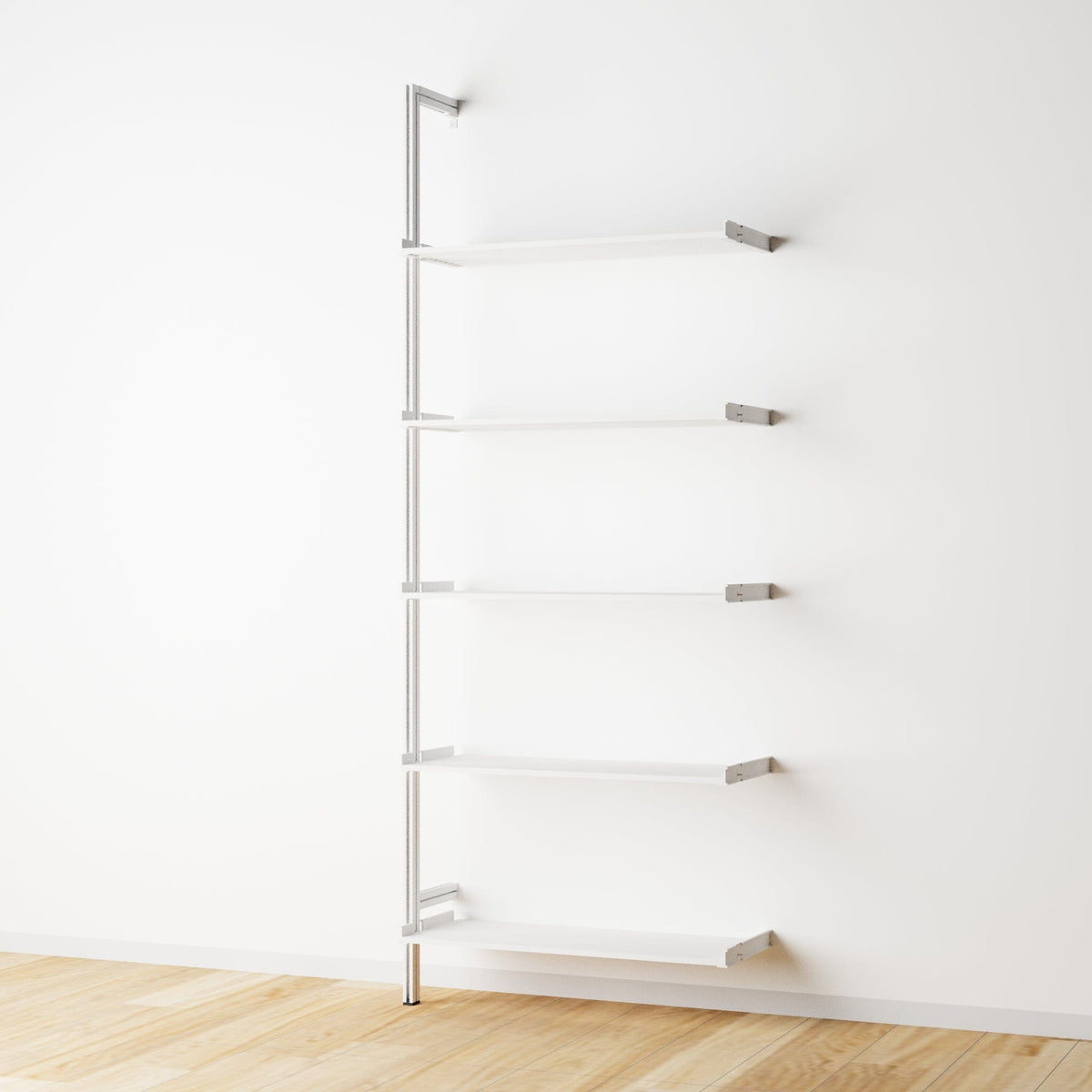 Wood shelf modular shelving extension with white shelves and white vertical post, one bay, 33-inch shelf width, shown with open shelf levels.