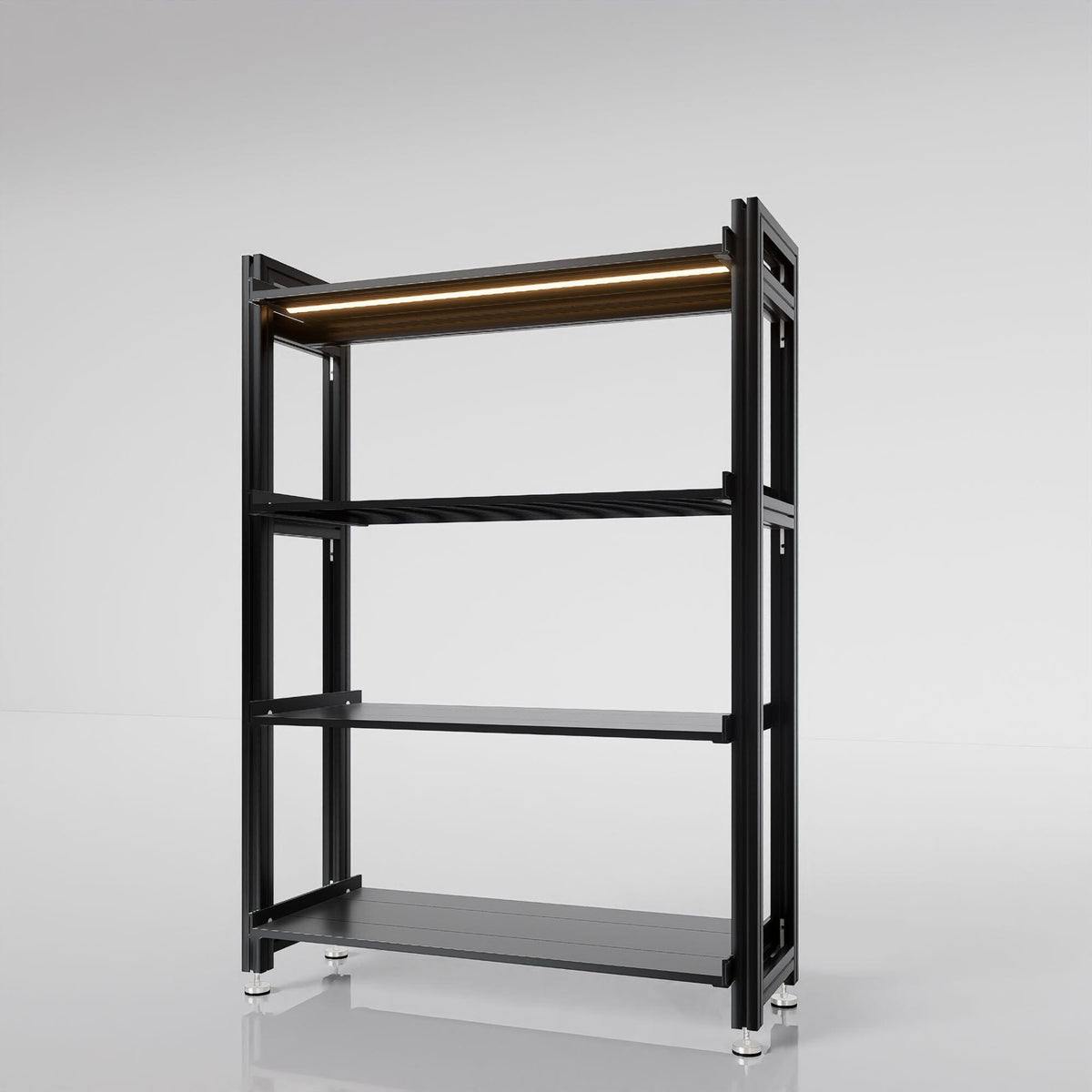 Retail display shelving unit with black shelves and black vertical posts, shown with open shelving.