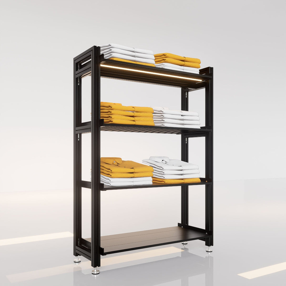 Retail display shelving unit with white shelves and white vertical posts.